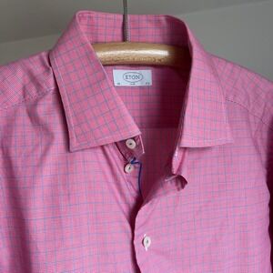 Eton Dress Shirt Size 44 Pink Blue Micro Check Slim Fit Long Sleeve Button Up